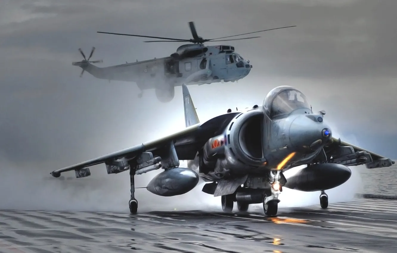Фото обои Море, Самолет, Истребитель, Вертолет, Крылья, Авиация, ВВС, Harrier