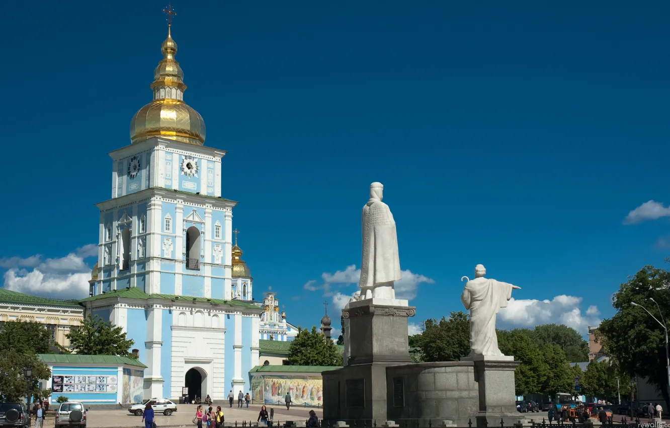 Фото обои лето, небо, люди, площадь, памятник, собор, украина, киев