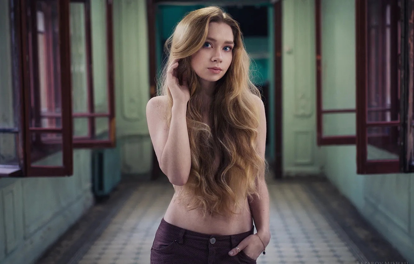 Фото обои Model, Topless, Long Hair, Pose, Looking At Camera, Hallway, Mikhail Bazarov