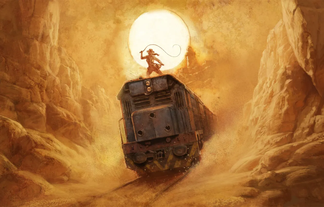 Фото обои песок, девушка, солнце, скалы, пустыня, рисунок, жара, поезд