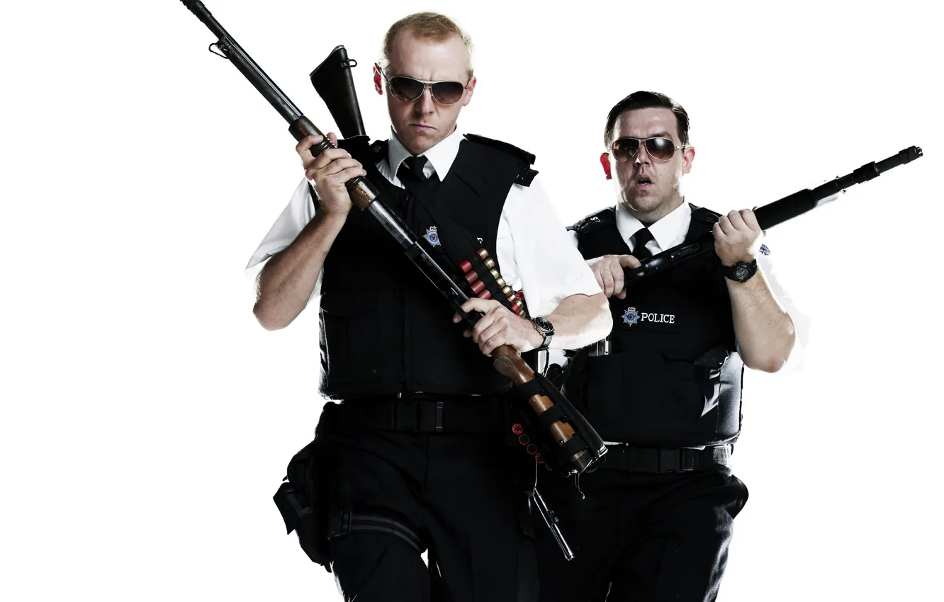 Фото обои оружие, пушки, очки, police, Саймон Пегг, Nick Frost, Simon Pegg, полицейские