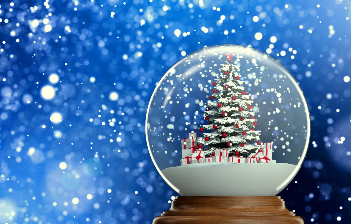 Фото обои фон, новый год, подарки, ёлка, елочка, снежок, снежный шар, 2015
