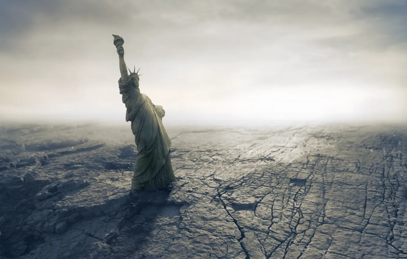 Фото обои пустыня, катастрофа, Апокалипсис, desert, fantastic, American, Statue of Liberty, Apocalypse