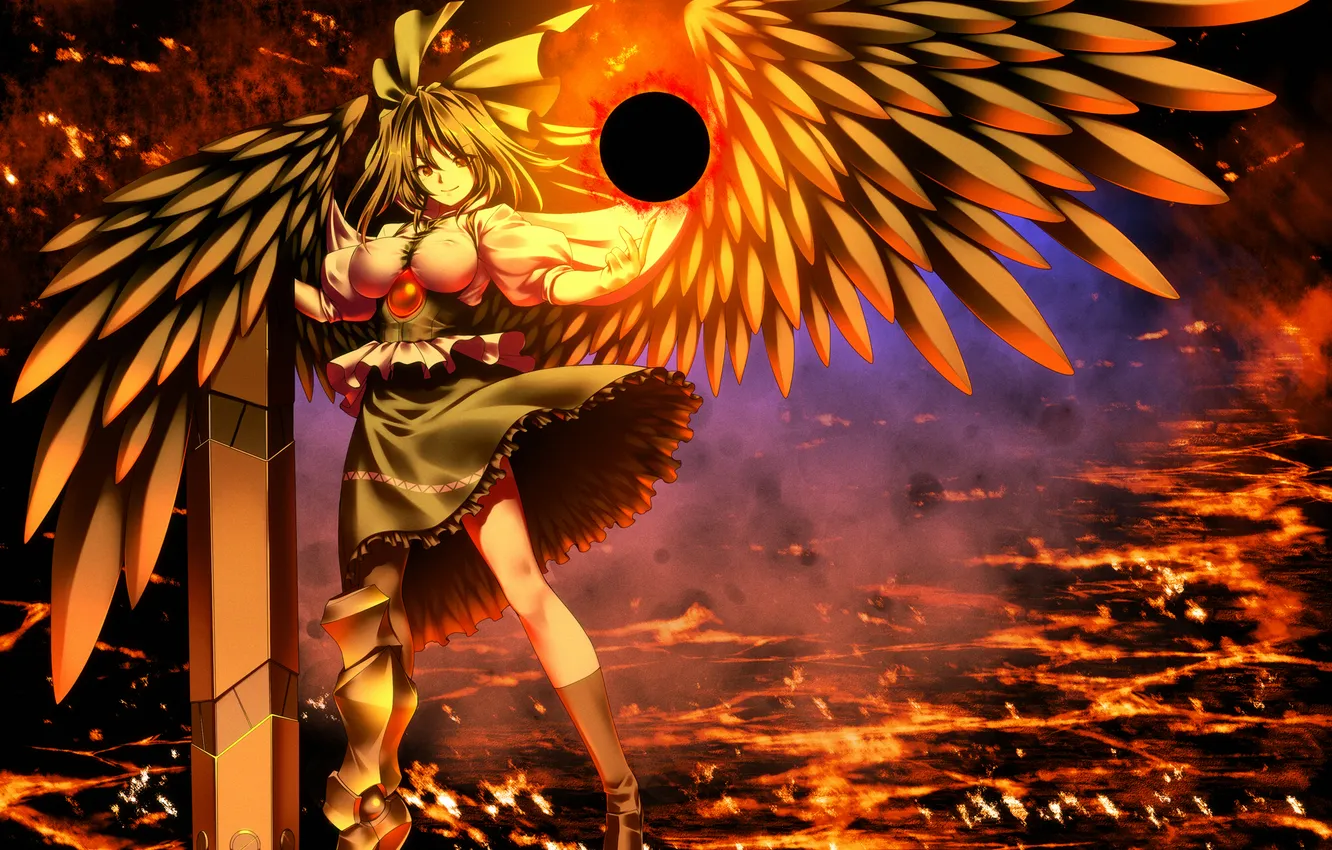 Фото обои девушка, оружие, огонь, магия, крылья, арт, reiuji utsuho, touhou