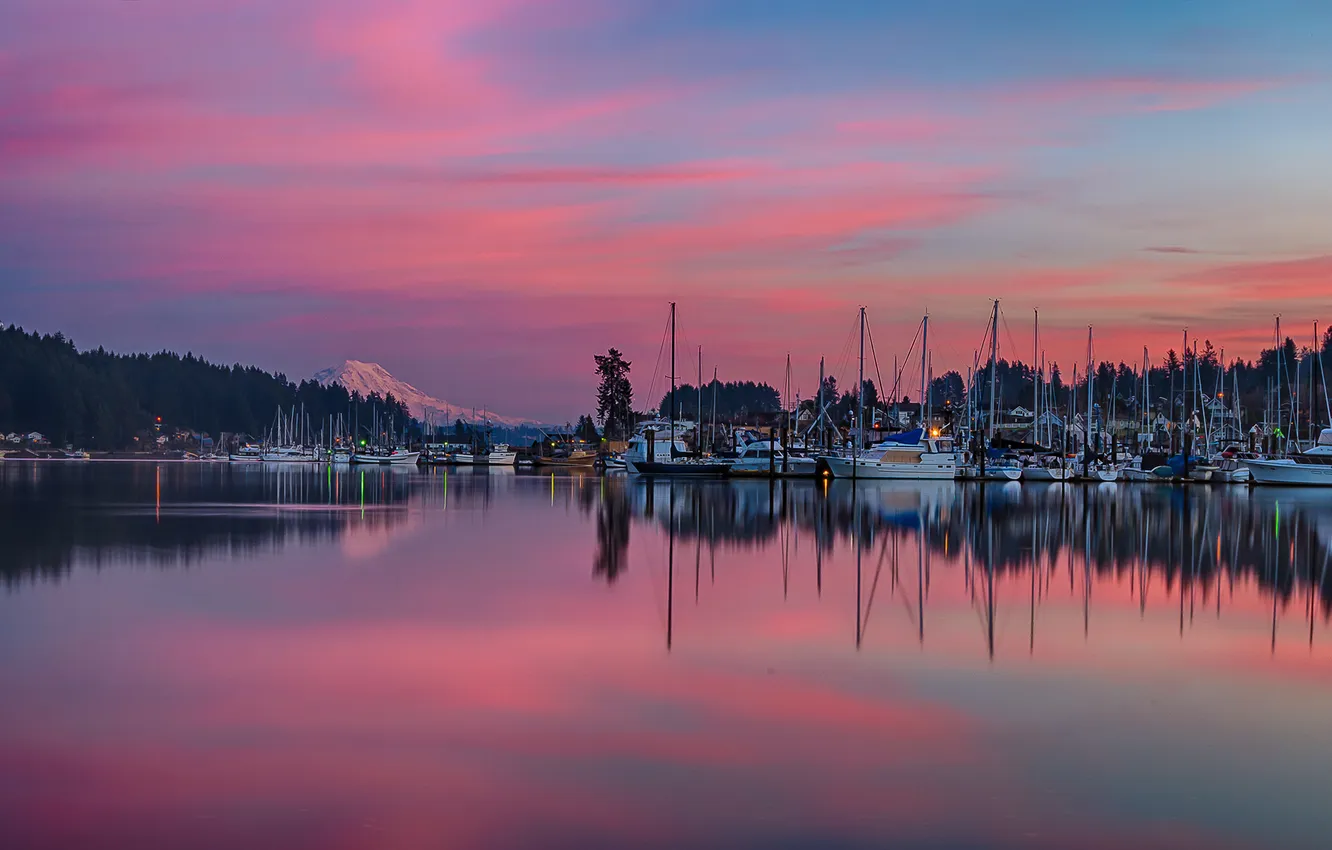 Фото обои sunset, water, mountain, lake, boat, harbor
