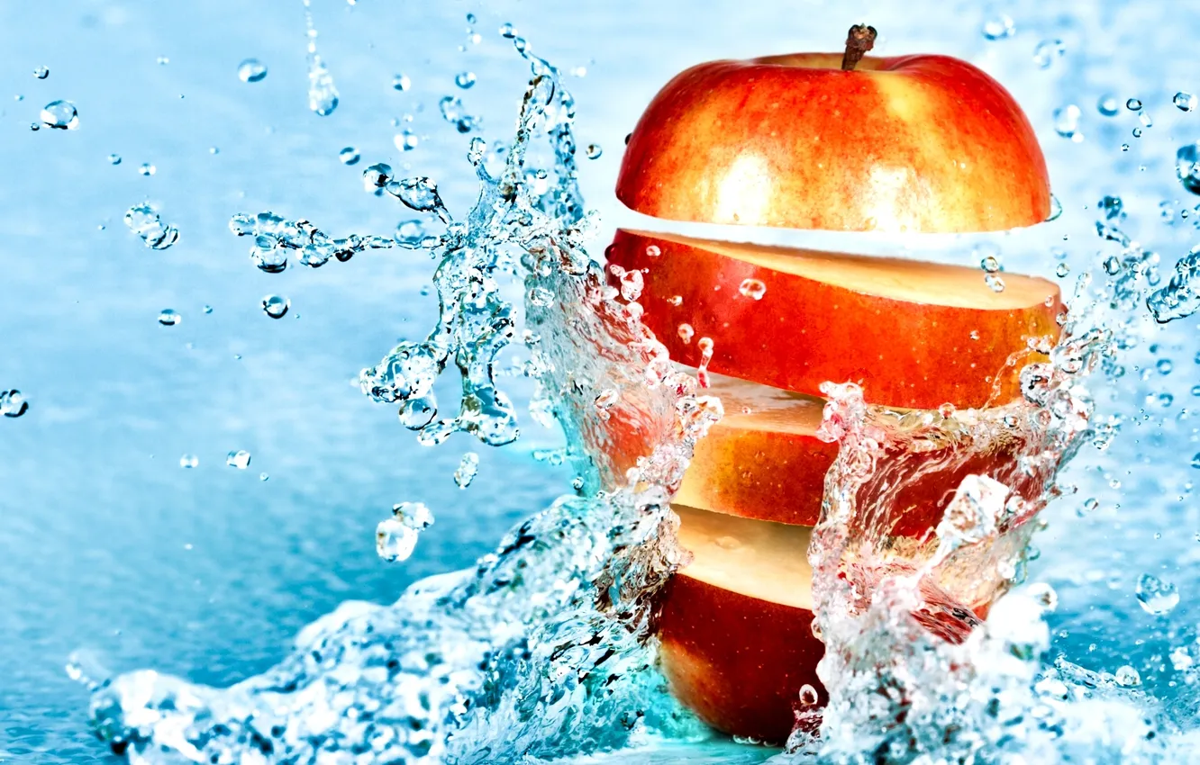 Фото обои вода, капли, брызги, apple, яблоко, фрукт, water, fruit