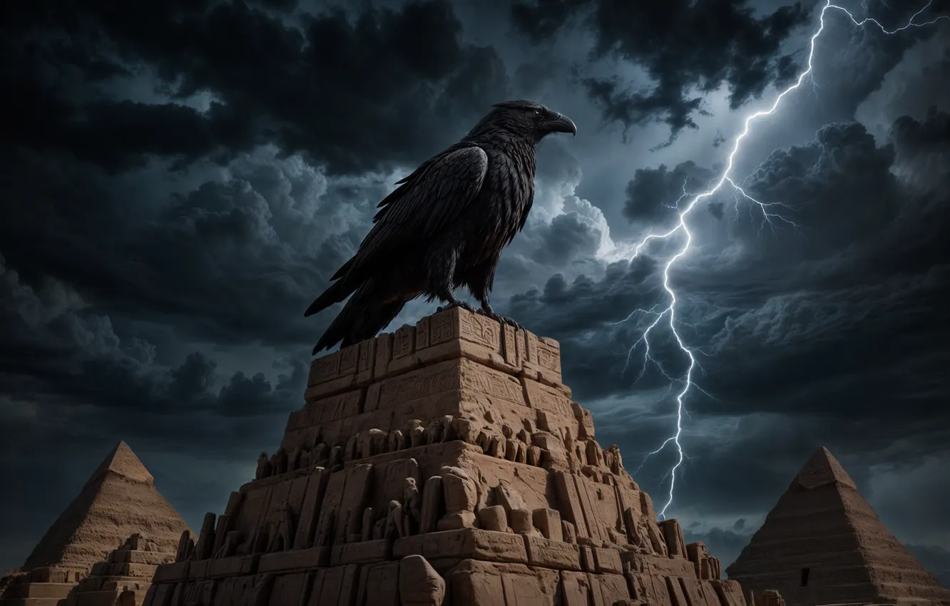 Фото обои lightning, Egypt, pyramid, cinematic, AI art, Black Raven