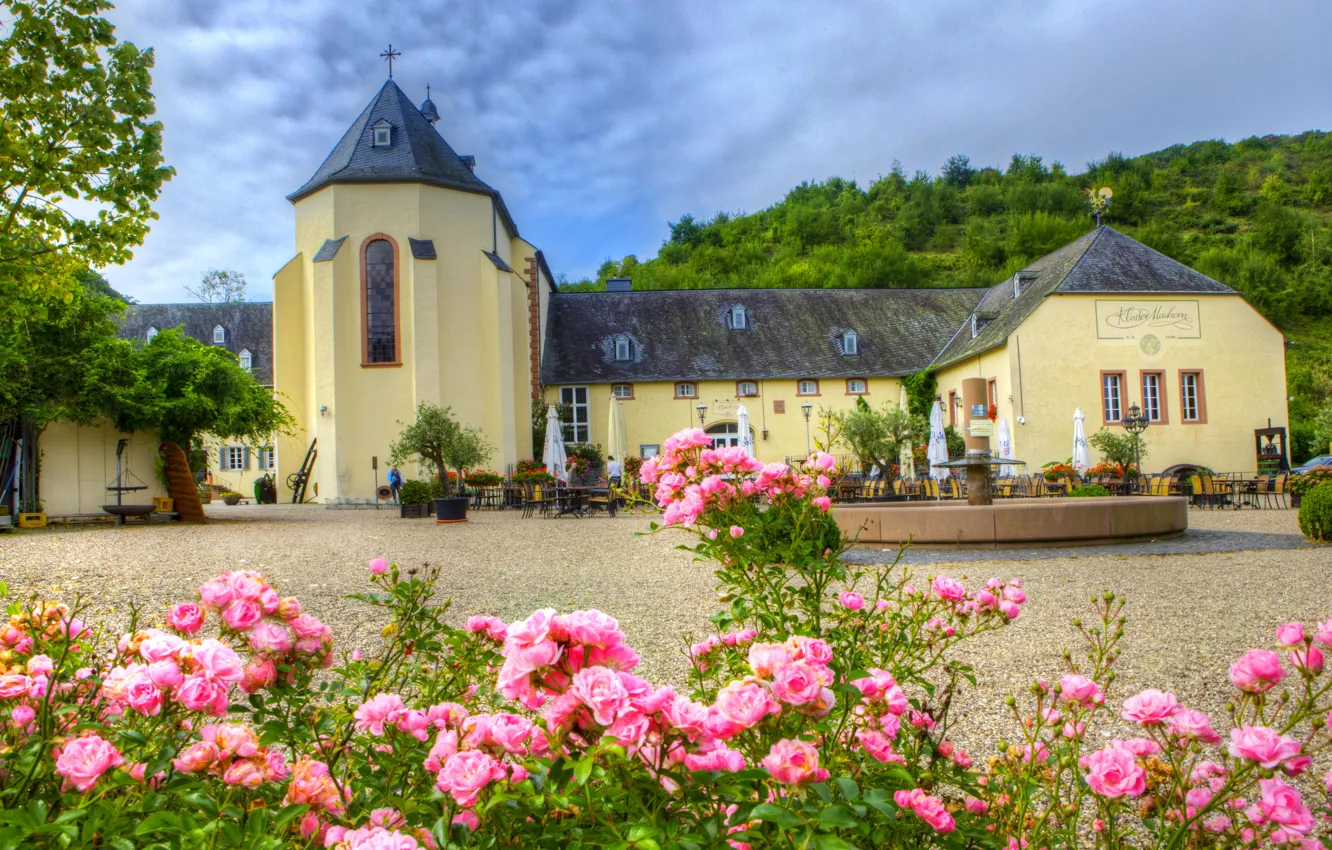 Фото обои город, фото, розы, Германия, собор, храм, монастырь, Bernkastel-Kues
