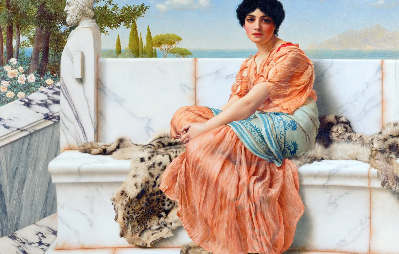 Фото обои Девушка, Взгляд, Картина, John William Godward, Джон Уильям Годвард, Мечтательность (Во времена Сафо), Английский художник-неоклассицист