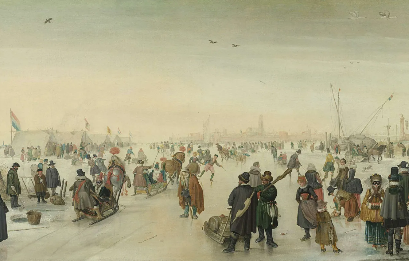 Фото обои пейзаж, масло, картина, Хендрик Аверкамп, 1620, Hendrick Avercamp, Развлечения на льду в городе