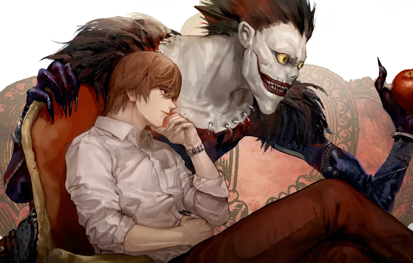 Фото обои яблоко, парень, Death Note, Light Yagami, Ryuk, бог смерти