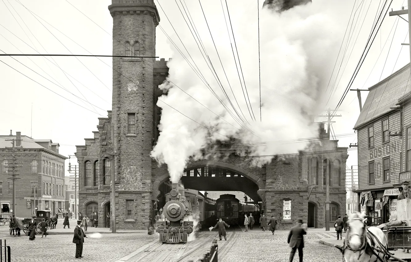 Фото обои ретро, башня, паровоз, США