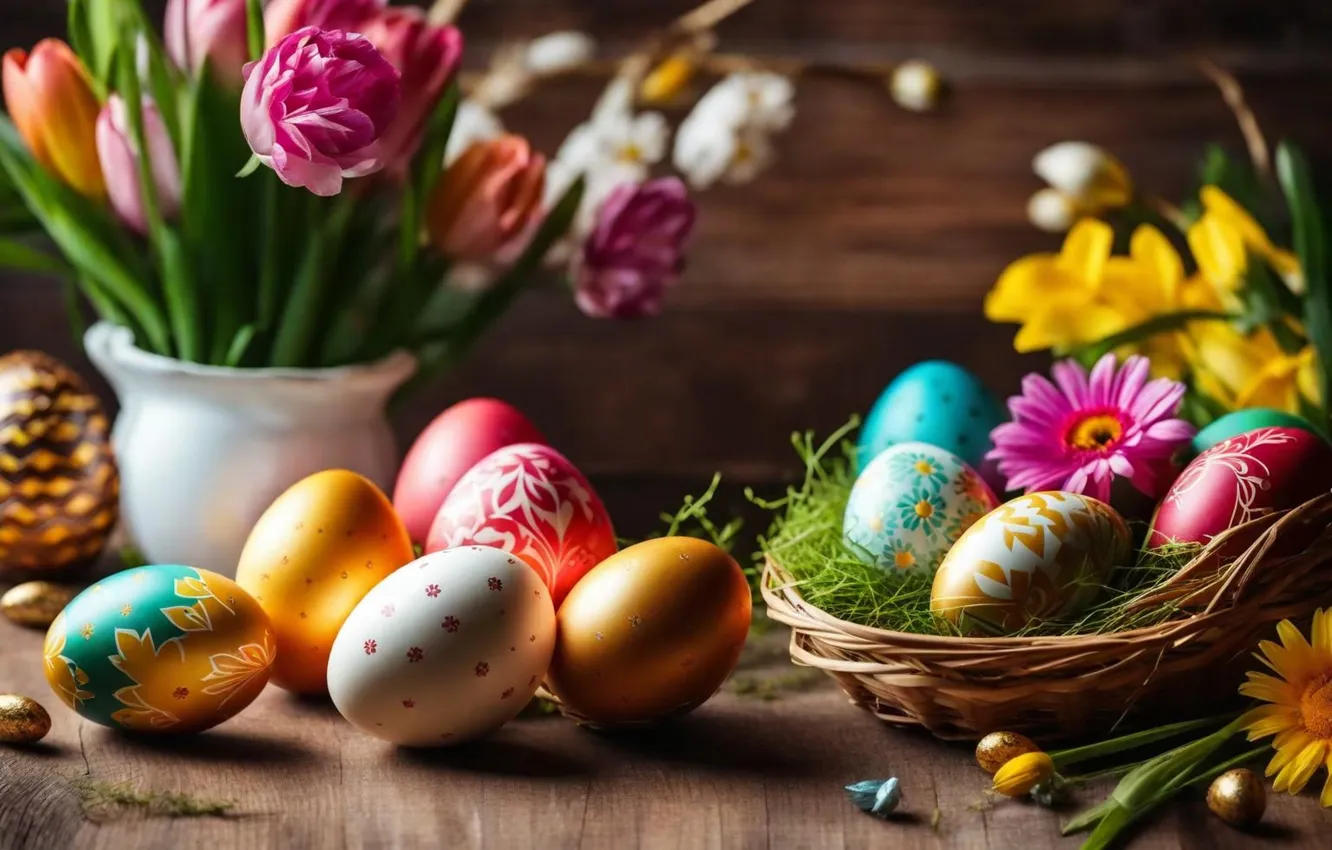 Фото обои цветы, яйца, весна, colorful, Пасха, happy, flowers, spring