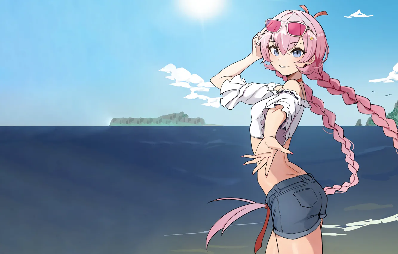 Фото обои girl, sexy, ass, shorts, pink hair, long hair, sea, anime