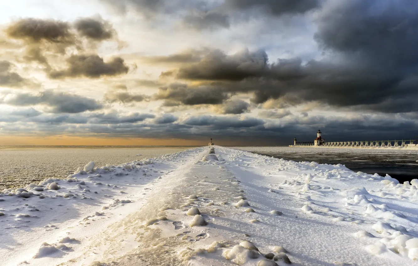 Фото обои зима, море, мост, маяк