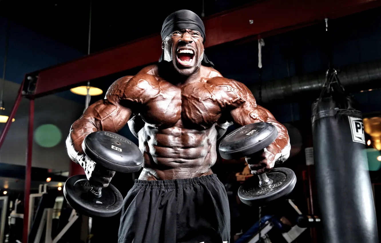 Фото обои поза, muscle, мышцы, gym, бодибилдер, dumbbells, bodybuilder, Кали Масл