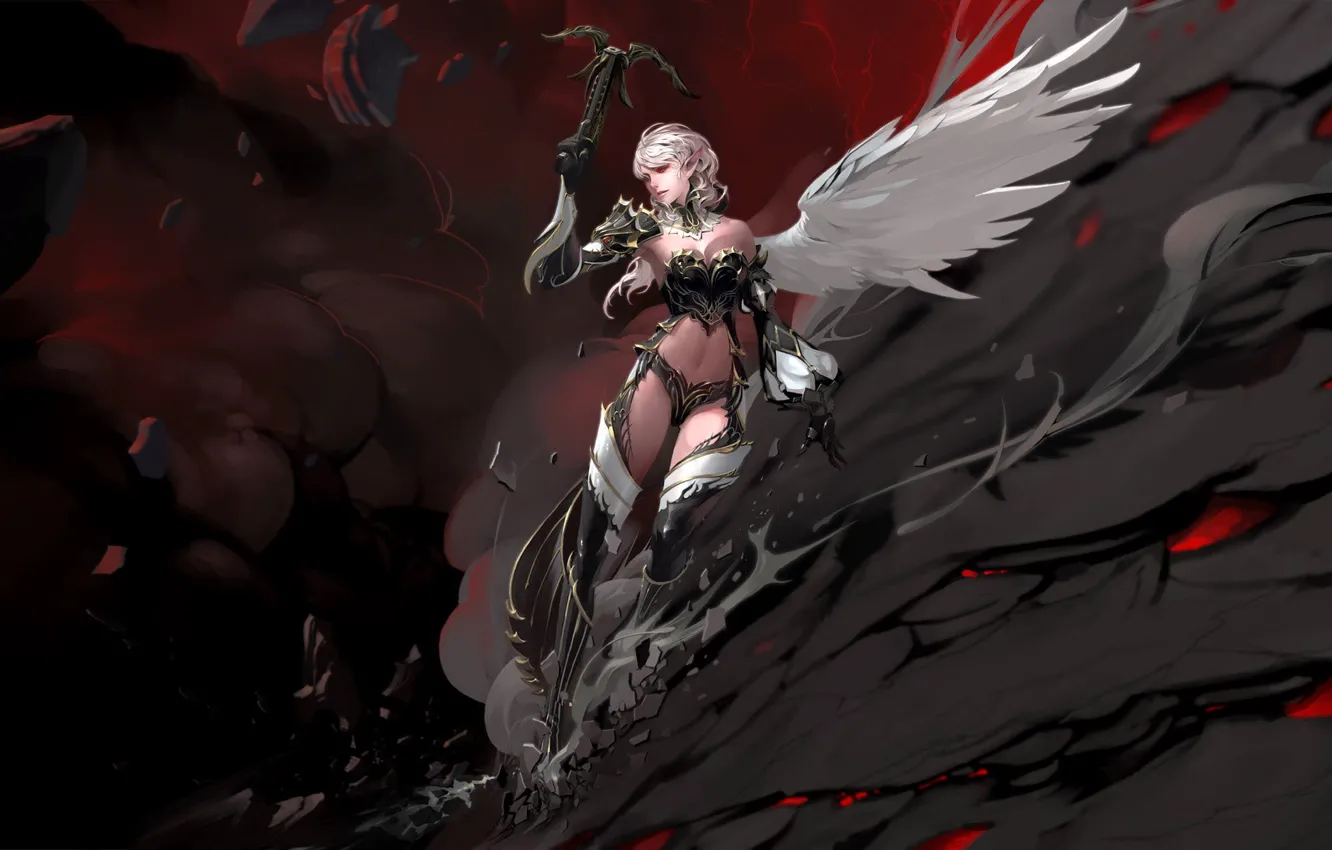 Фото обои девушка, скала, крылья, Lineage 2