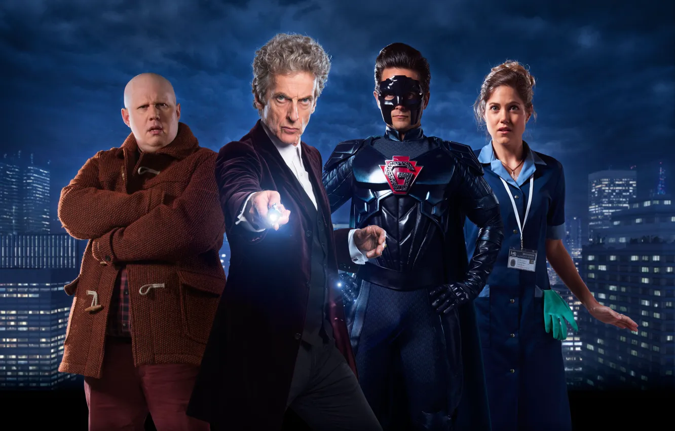 Фото обои небо, город, дома, Doctor Who, супергерой, Доктор Кто, Peter Capaldi, Двенадцатый Доктор