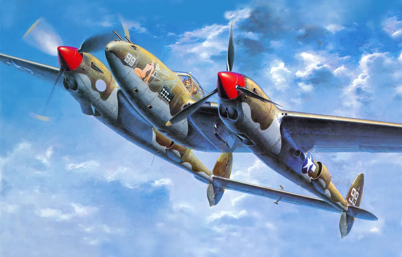 Фото обои Рисунок, Самолет, Истребитель, Lightning, Lockheed, Тяжёлый, Помпаж, (Молния)