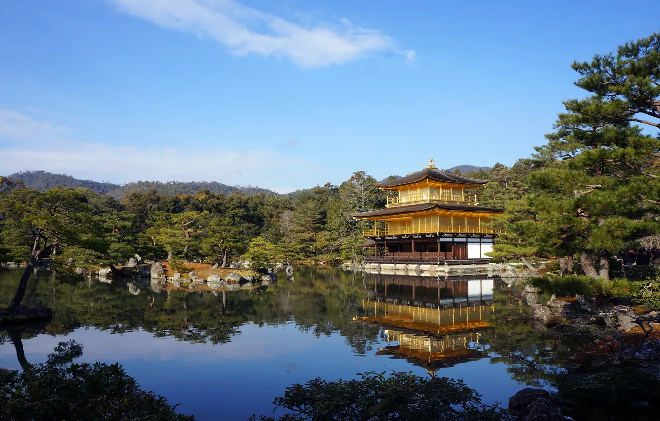 Фото обои природа, озеро, здание, Japan, Kyoto, Golden Pavilion
