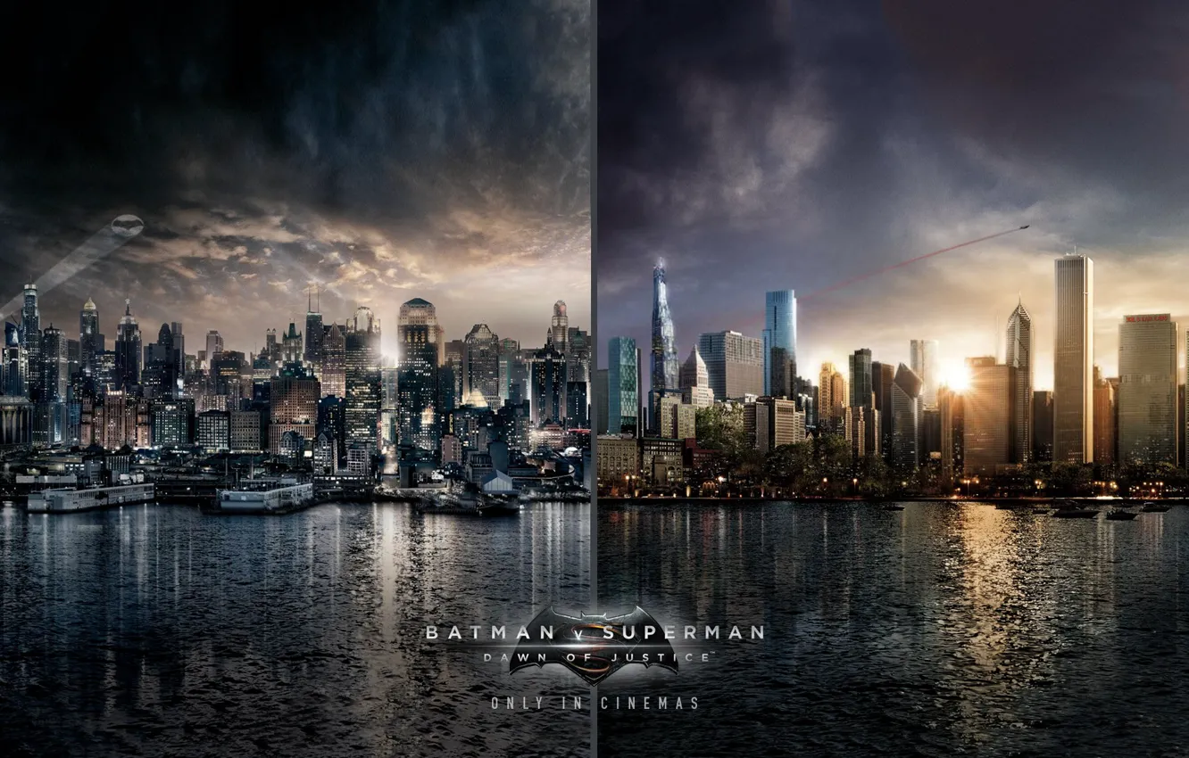 Фото обои batman, superman, versus, metropolis, gotham, batman vs superman, turkish airlines, flytogotham