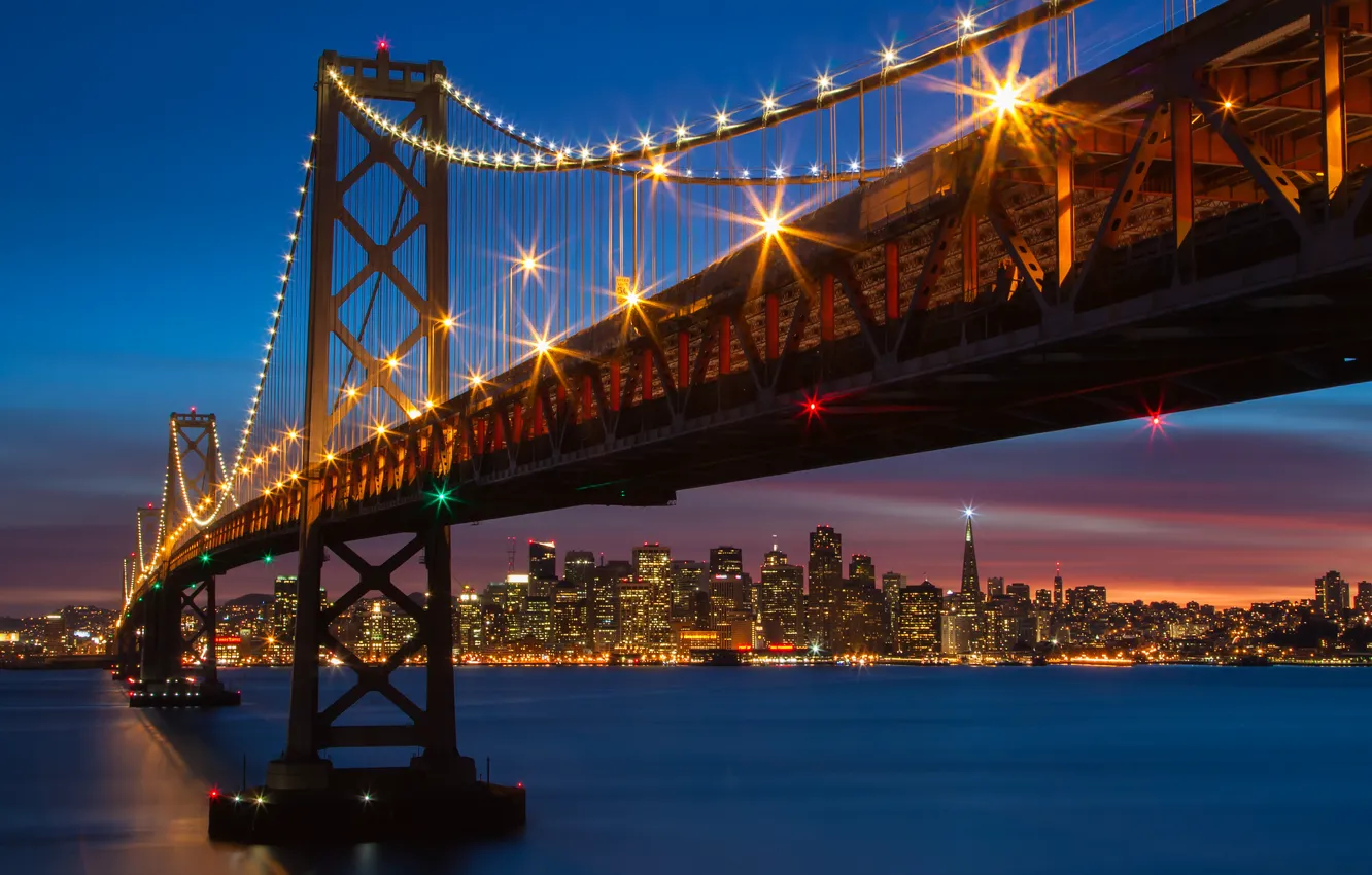 Фото обои мост, огни, Калифорния, Сан-Франциско, ночной город, California, San Francisco, Bay Bridge