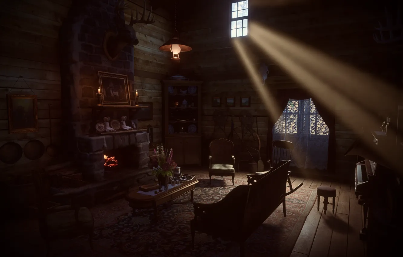 Фото обои HDR, Candle, Flower, Table, Game, Piano, Chair, Couch