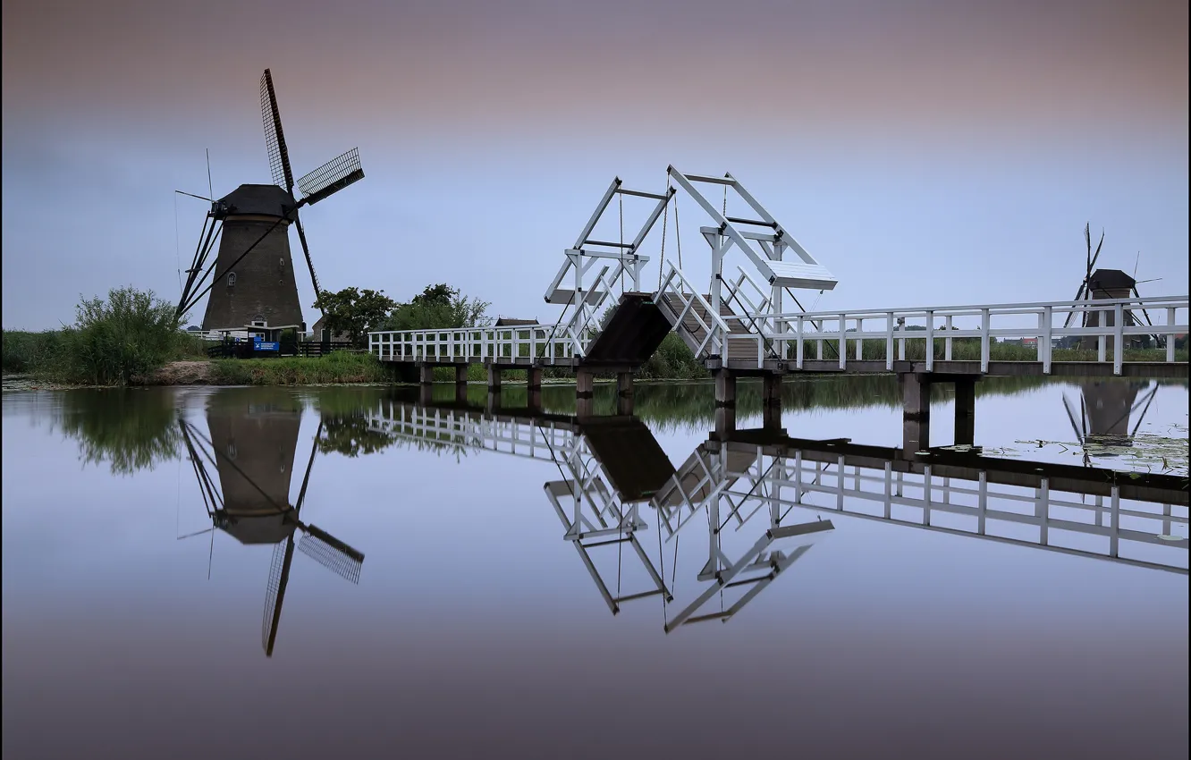 Фото обои мост, мельница, канал, Нидерланды, Голландия, Kinderdijk