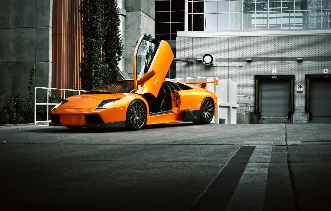 Фото обои здание, оранжевая, Lamborghini, ламборджини, Murcielago, front, orange, ламборгини