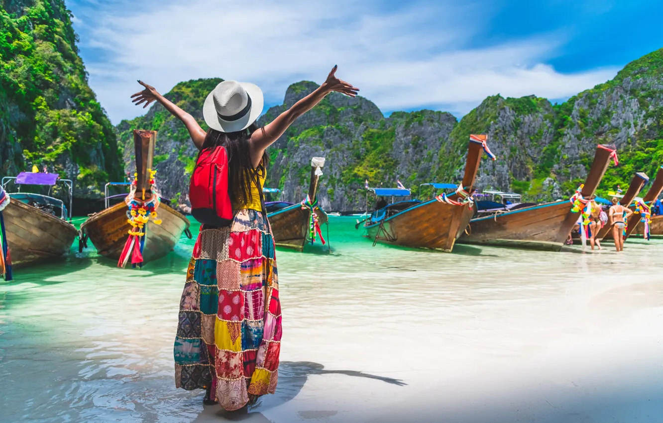 Фото обои Природа, Девушка, Лодки, Таиланд, Nature, Thailand, Отдых, Relaxation