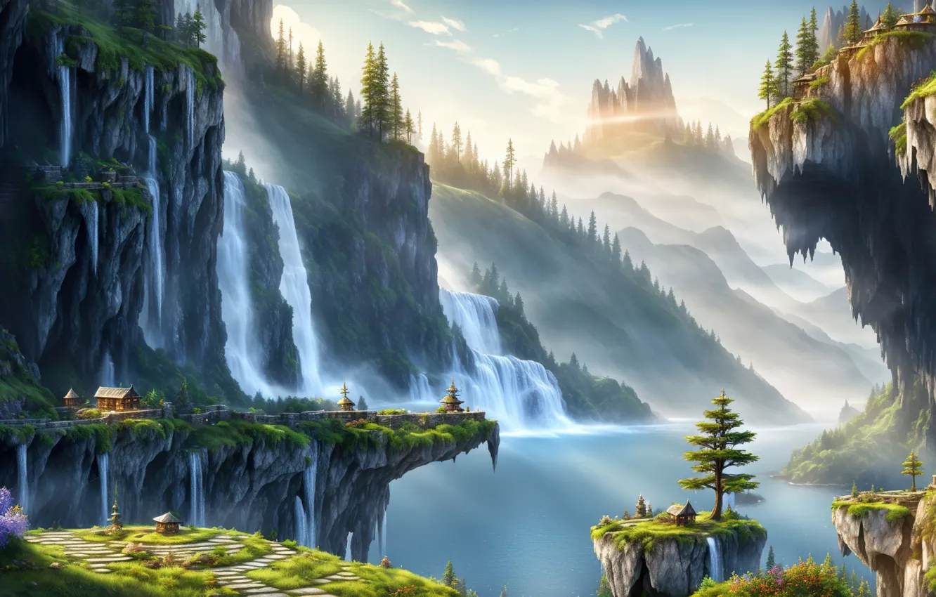Фото обои fantasy, landscape, art, waterfall, village, mount, Stable Diffusion, neuronet