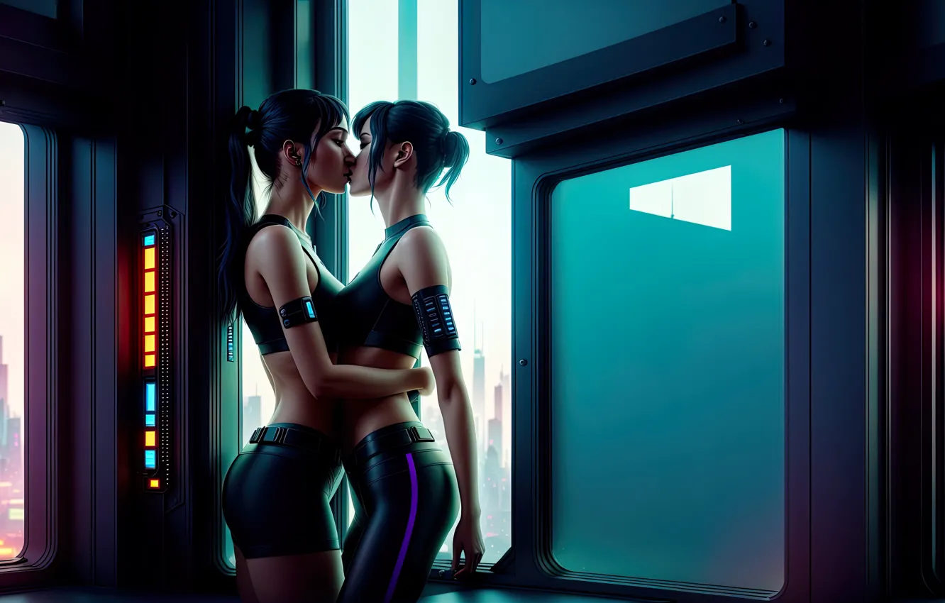 Фото обои future, girl, fantasy, art, kiss, digital art, fantasy art, fantasy girls