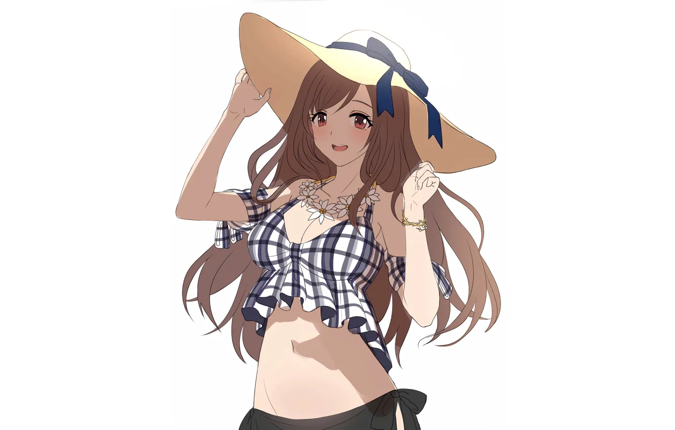 Фото обои girl, sexy, cleavage, long hair, hat, brown hair, boobs, anime