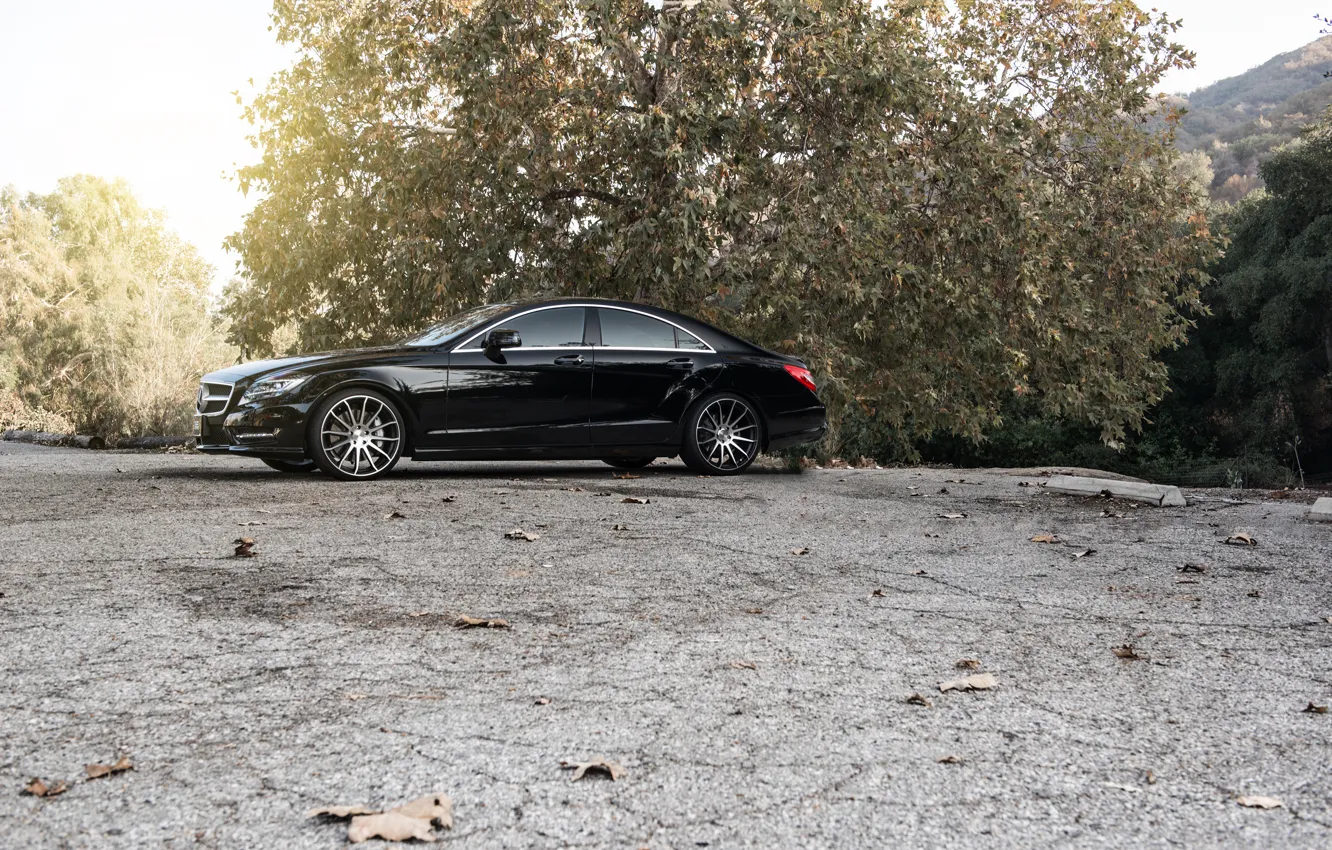 Фото обои черный, side, black, Mercedes Benz, мерседес, CLS550