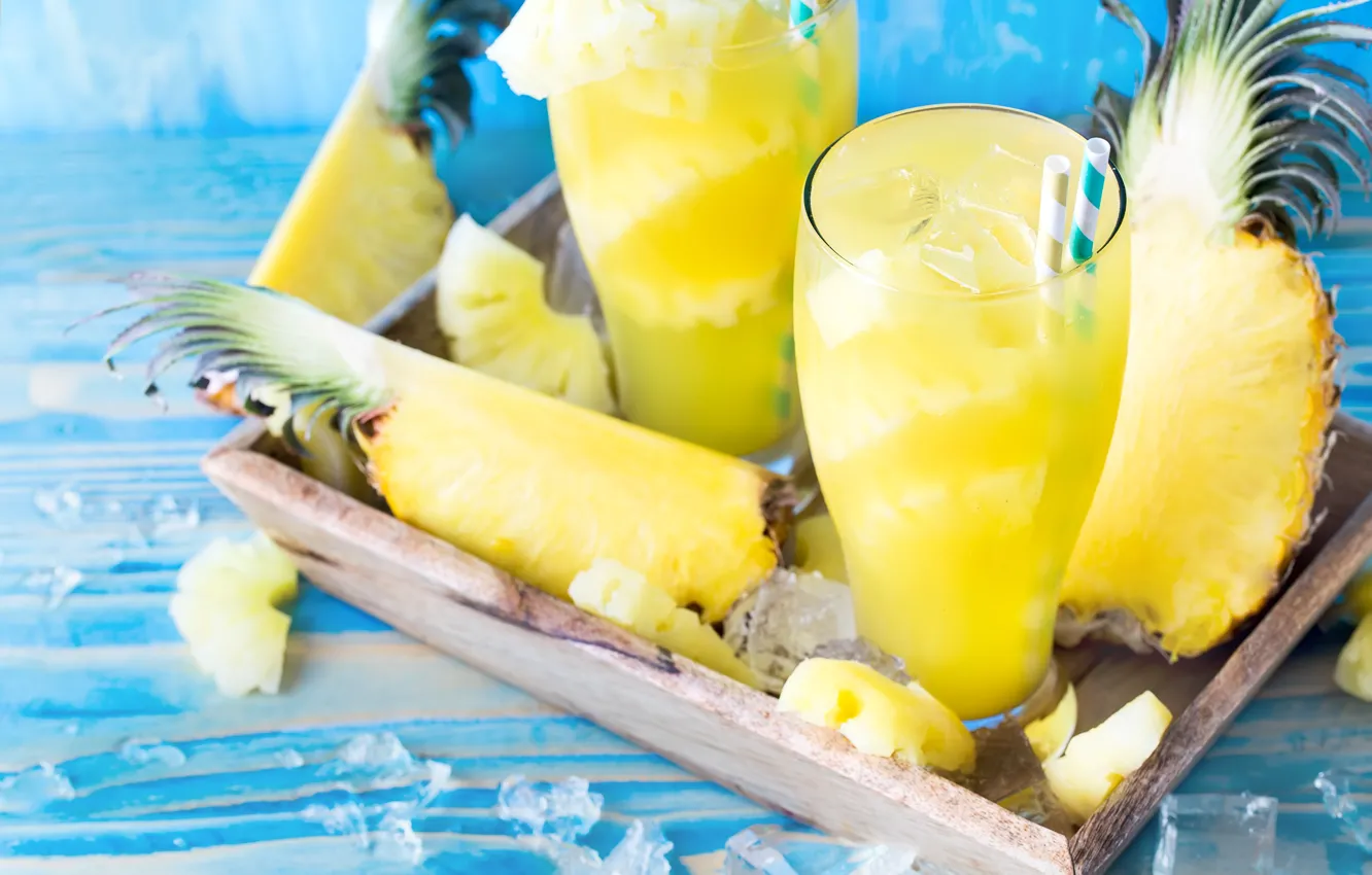 Фото обои лед, сок, стаканы, ананас