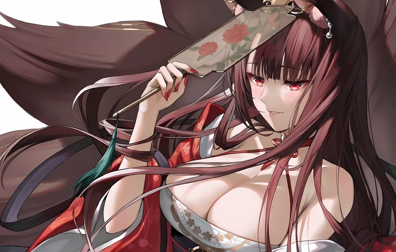 Фото обои girl, sexy, yukata, cleavage, long hair, brown hair, boobs, animal ears