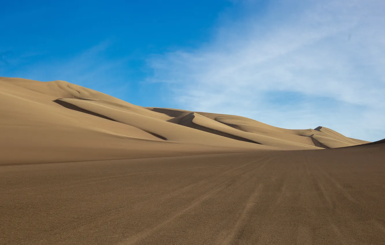 Фото обои пустыня, дюны, пески, голубое небо