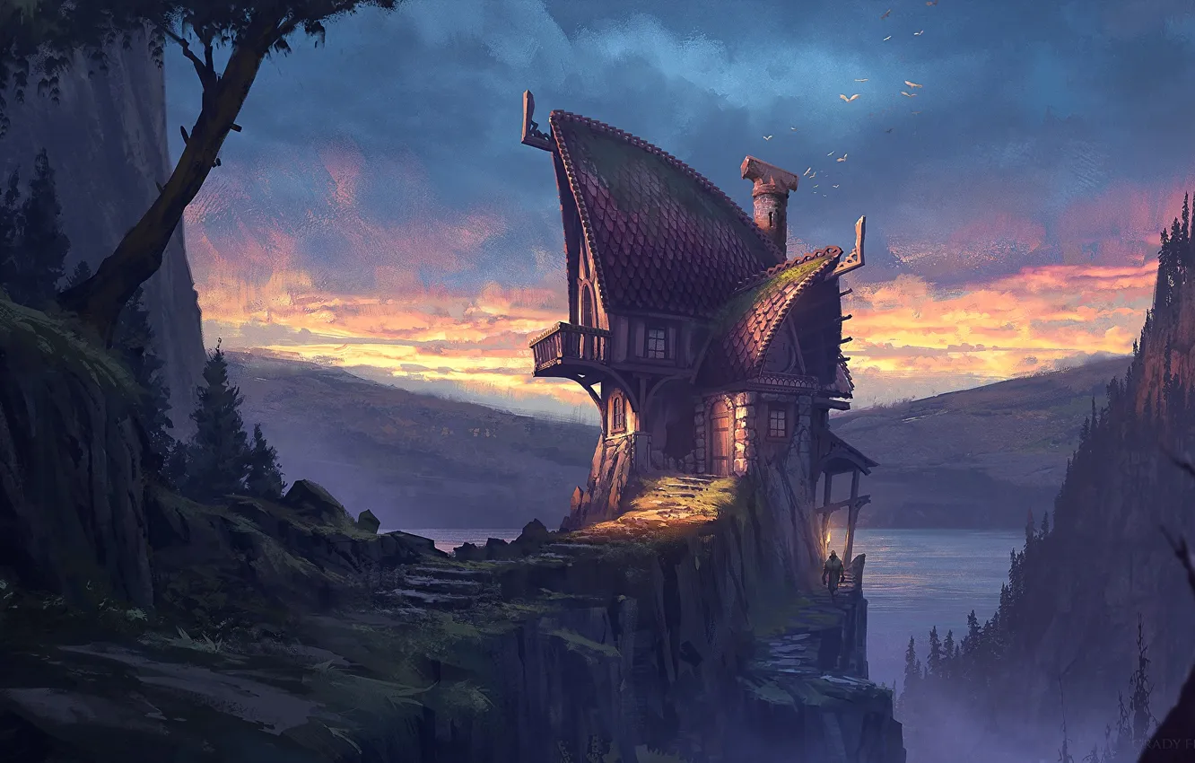 Фото обои house, fantasy, bird, sunset, mountains, lake, digital art, artwork