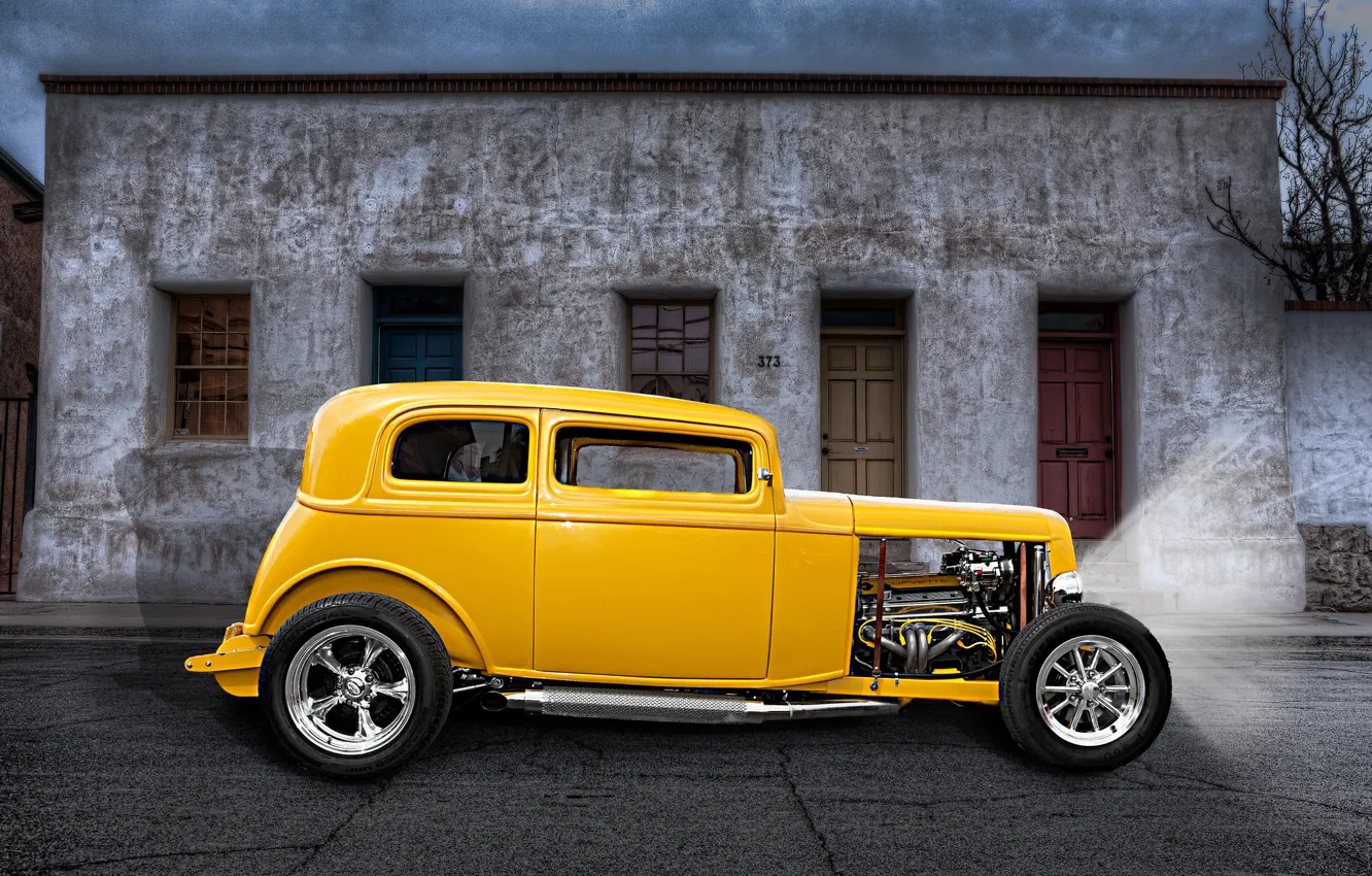 Фото обои желтый, ретро, улица, классика, hot-rod, classic car