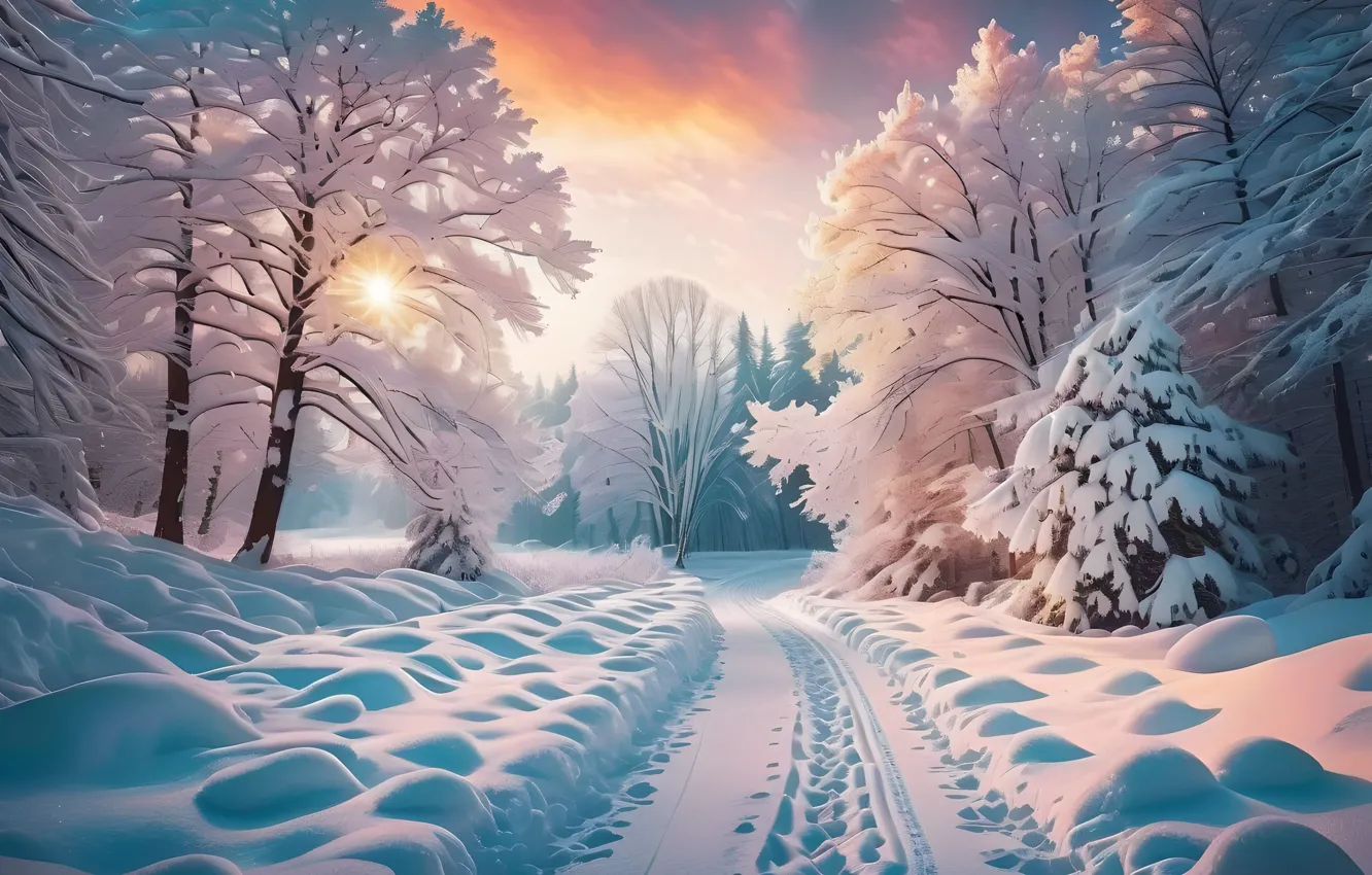 Фото обои зима, иней, дорога, лес, небо, солнце, облака, свет