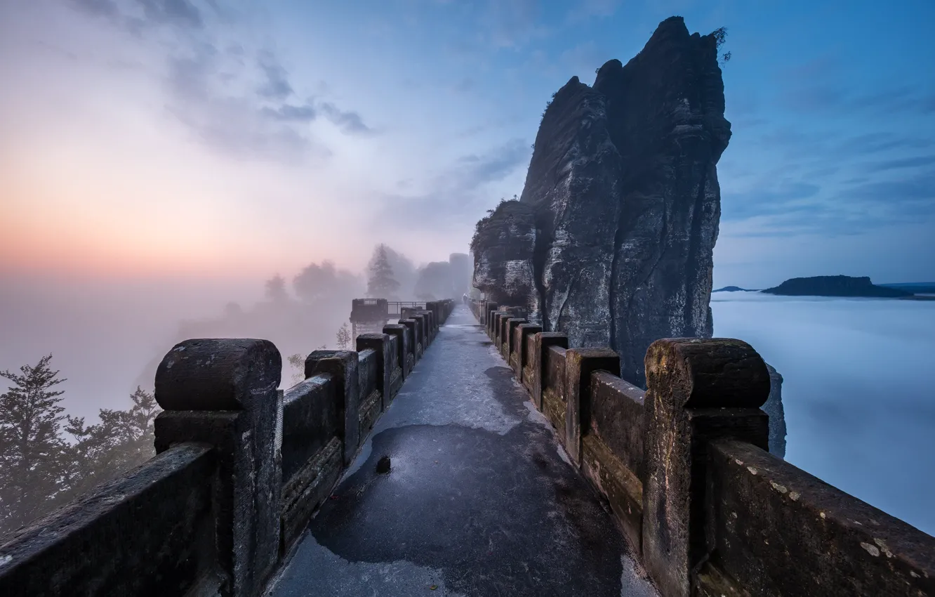 Фото обои пейзаж, горы, мост, природа, туман, скалы, утро, Германия