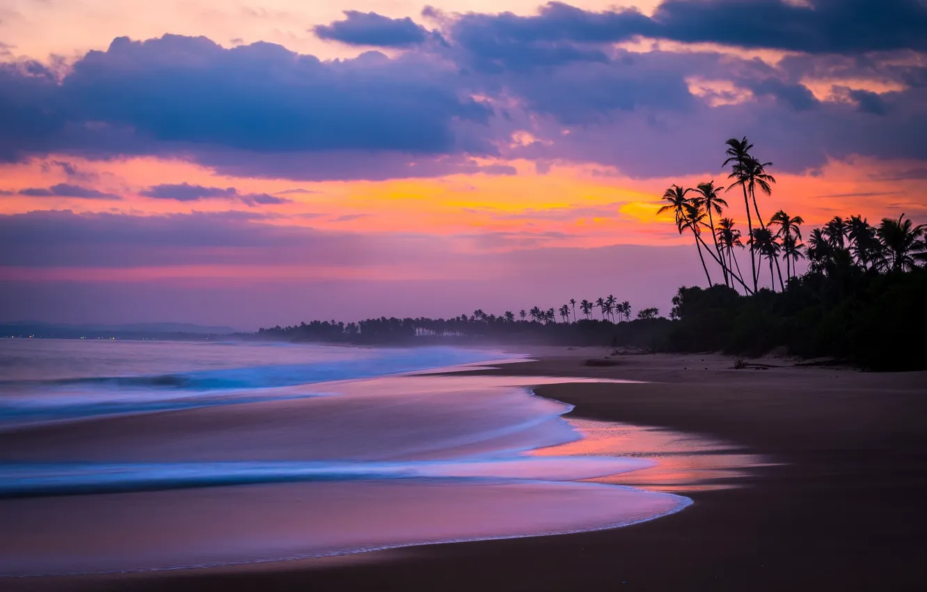 Фото обои море, пляж, небо, облака, пальмы, океан, вечер