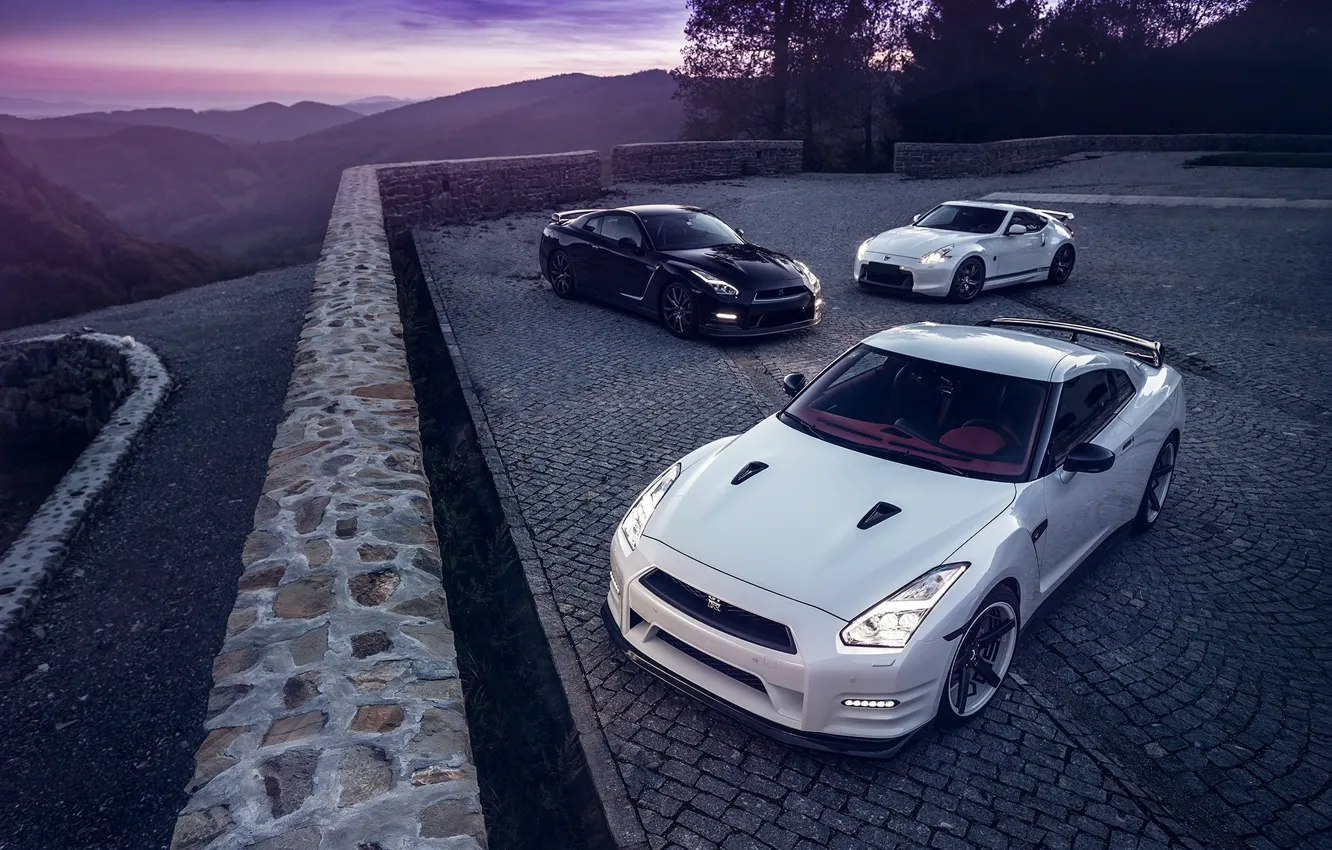 Фото обои GTR, Moon, Nissan, Sky, Front, Black, Lights, White