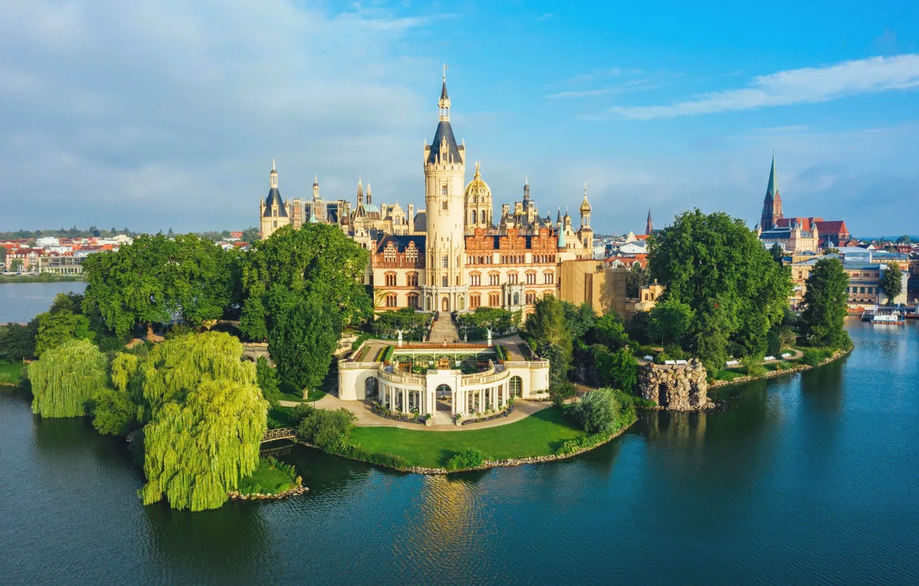Фото обои река, замок, Германия, Шверин, Schwerin Castle