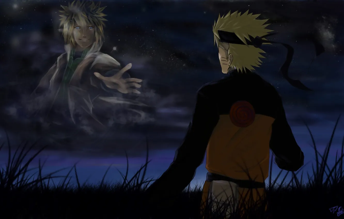 Фото обои поле, звезды, ночь, улыбка, парни, Наруто, Naruto, жест