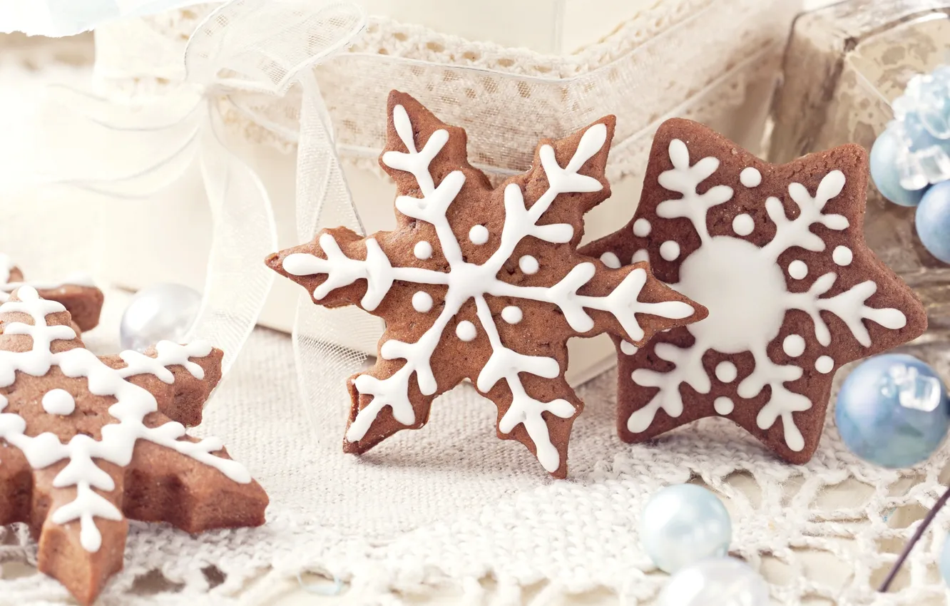 Фото обои снежинки, печенье, сладости, Christmas, десерт, выпечка, праздники, New Year