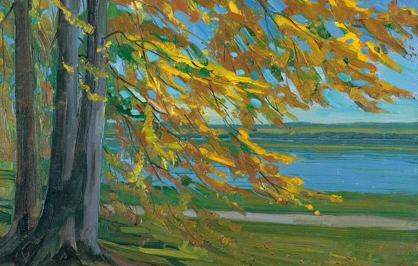 Фото обои осень, пейзаж, дерево, картина, Озеро Старнбергер, Вильгельм Трюбнер