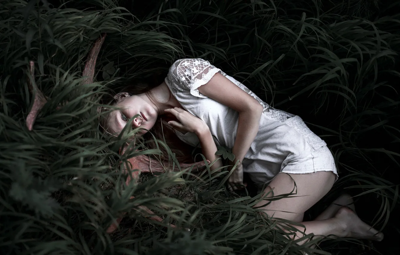 Фото обои трава, фантазия, отдых, девочка, рога
