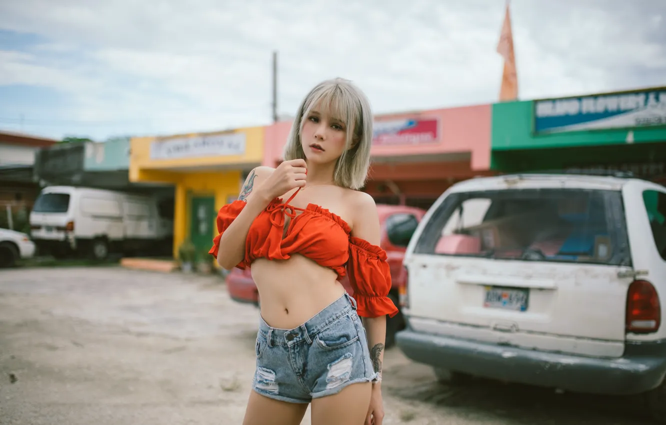 Фото обои girl, sexy, shorts, blouse, model, asian, cute
