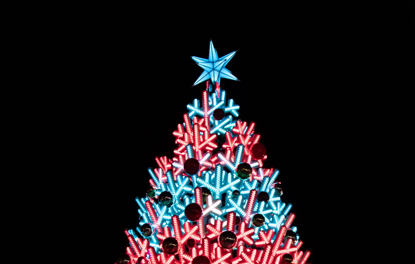 Фото обои украшения, праздник, игрушки, звезда, Новый год, ёлка, иллюминация